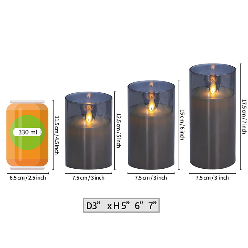 3 Pacáil Coinnle Gloine Gan Flameless Liath le cianda